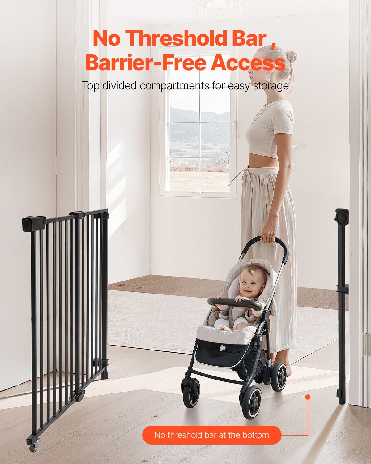 Baby Gate, 29.5-43 Inches Adjustable Width, 28 Inches High Dog Gate, No Threshold Bar, Easy Step Walk Thru, for Child Pet Security, with Screws, One-Hand Open, for Stairs and Doorways, Black