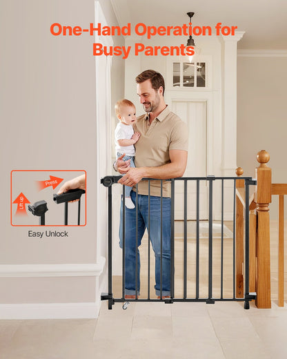 Baby Gate, 29.5-43 Inches Adjustable Width, 28 Inches High Dog Gate, No Threshold Bar, Easy Step Walk Thru, for Child Pet Security, with Screws, One-Hand Open, for Stairs and Doorways, Black