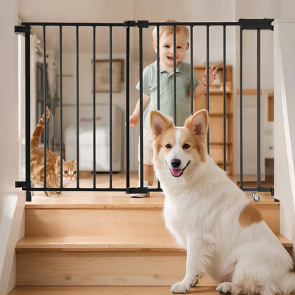 Baby Gate, 29.5-43 Inches Adjustable Width, 28 Inches High Dog Gate, No Threshold Bar, Easy Step Walk Thru, for Child Pet Security, with Screws, One-Hand Open, for Stairs and Doorways, Black