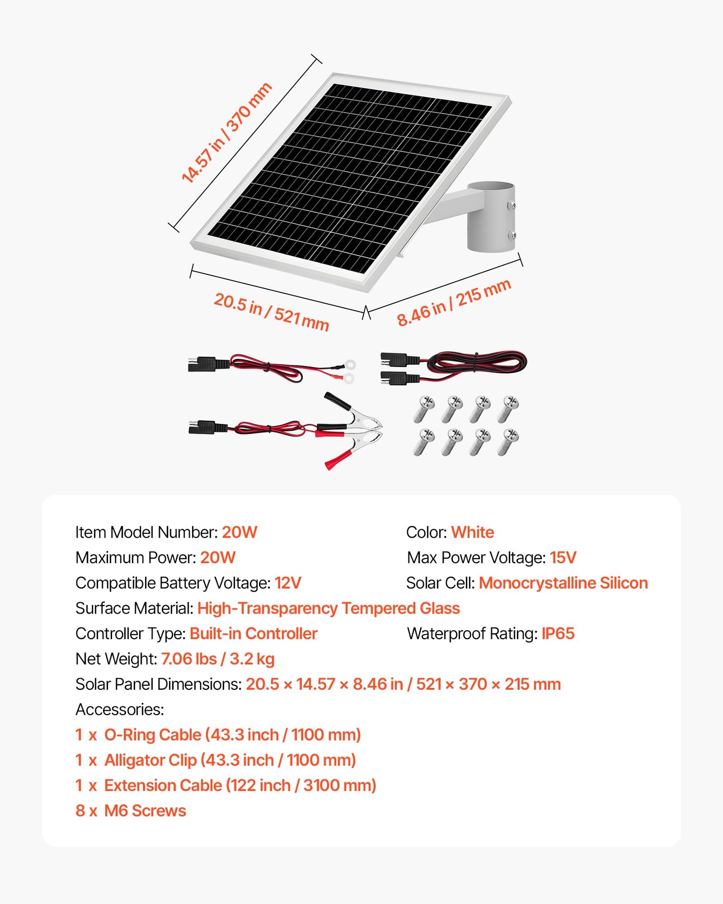 20W 12V solpanelsbatteriladdare, solcellsbatteriunderhållsladdare med inbyggd styrenhet och stolpfäste, IP65 vattentät för grind, staket, gård, gräsmatta (passar 40mm-68mm stolpar)