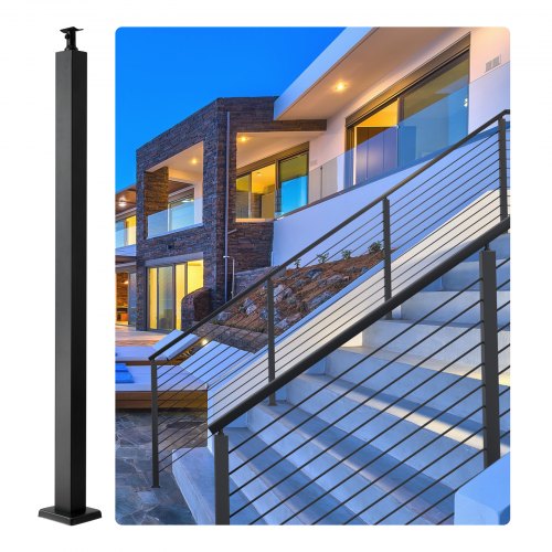 Cable Rail Post, 42 x 1.97 x 1.97", Level Deck Stair Post, Cable Handrail Post Stainless Steel Brushed Finishing Deck Railing DIY Picket Without Hole Stair Railing Kit With Mount Bracket Black