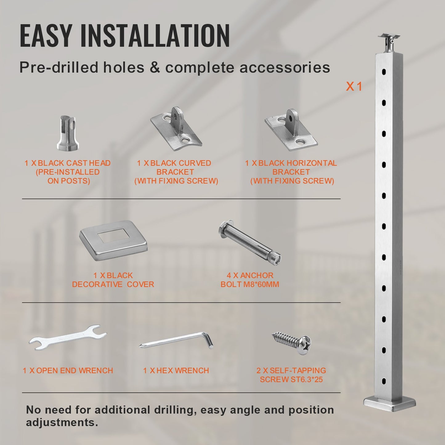 Kabelräckesstolpe, 36" x 1" x 2" stålräckesstolpe med horisontellt hål, 11 förborrade hål, kabelräckesstolpe i rostfritt stål SUS304 med horisontellt och böjt fäste, LGZYY91.42.551C3JV0