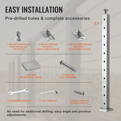 Kabelräckesstolpe, 36" x 1" x 2" stålräckesstolpe med horisontellt hål, 11 förborrade hål, kabelräckesstolpe i rostfritt stål SUS304 med horisontellt och böjt fäste, LGZYY91.42.551C3JV0