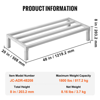 Aluminum Dunnage Rack, 48” x 20” Commercial Food Floor Rack, 8” Off the Floor, 1800 lbs Capacity All-Welded Aluminum Storage Rack, for Storage in Restaurants, Kitchens, Garages and Vehicles