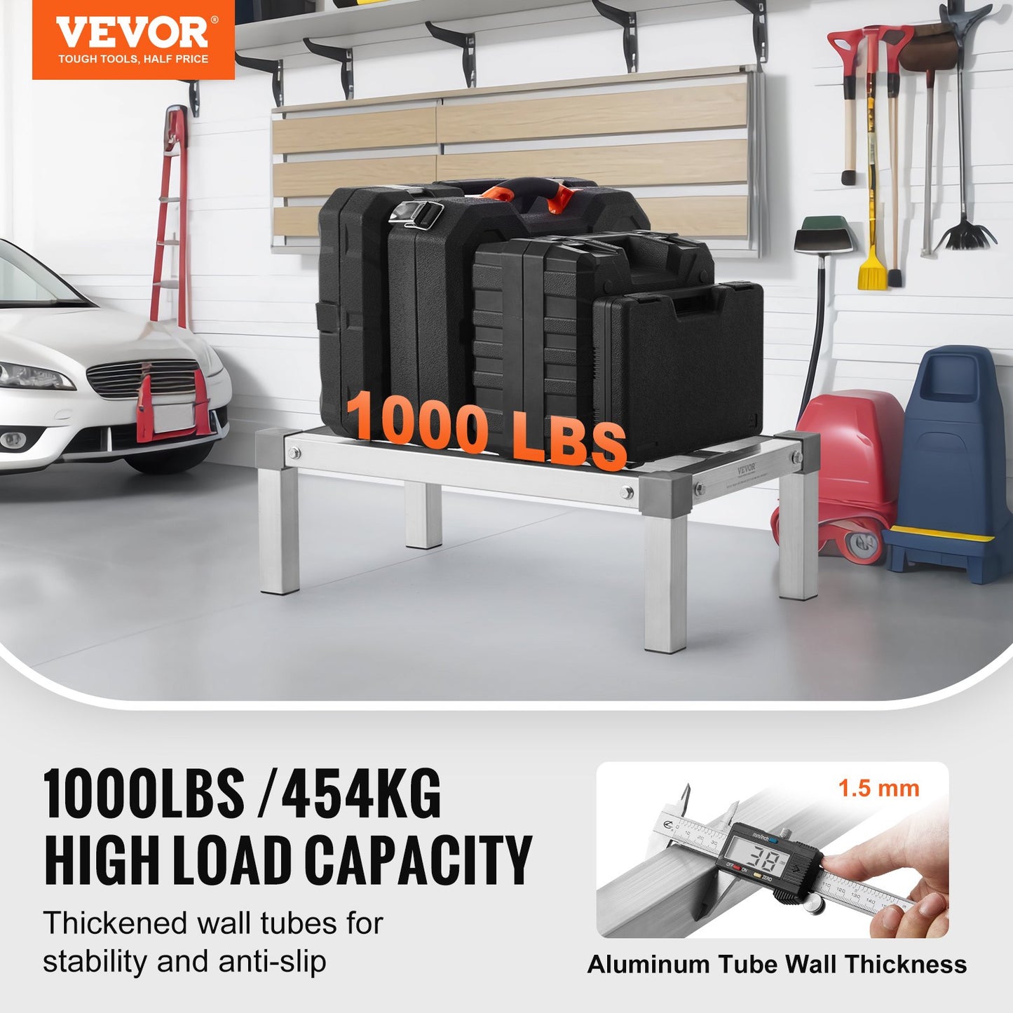 Aluminum Dunnage Rack, 24” x 14” Commercial Food Floor Rack, 8” Off the Floor, 1000 lbs Capacity Adjustable Aluminum Storage Rack, for Storage in Restaurants, Kitchens, Garages and Vehicles