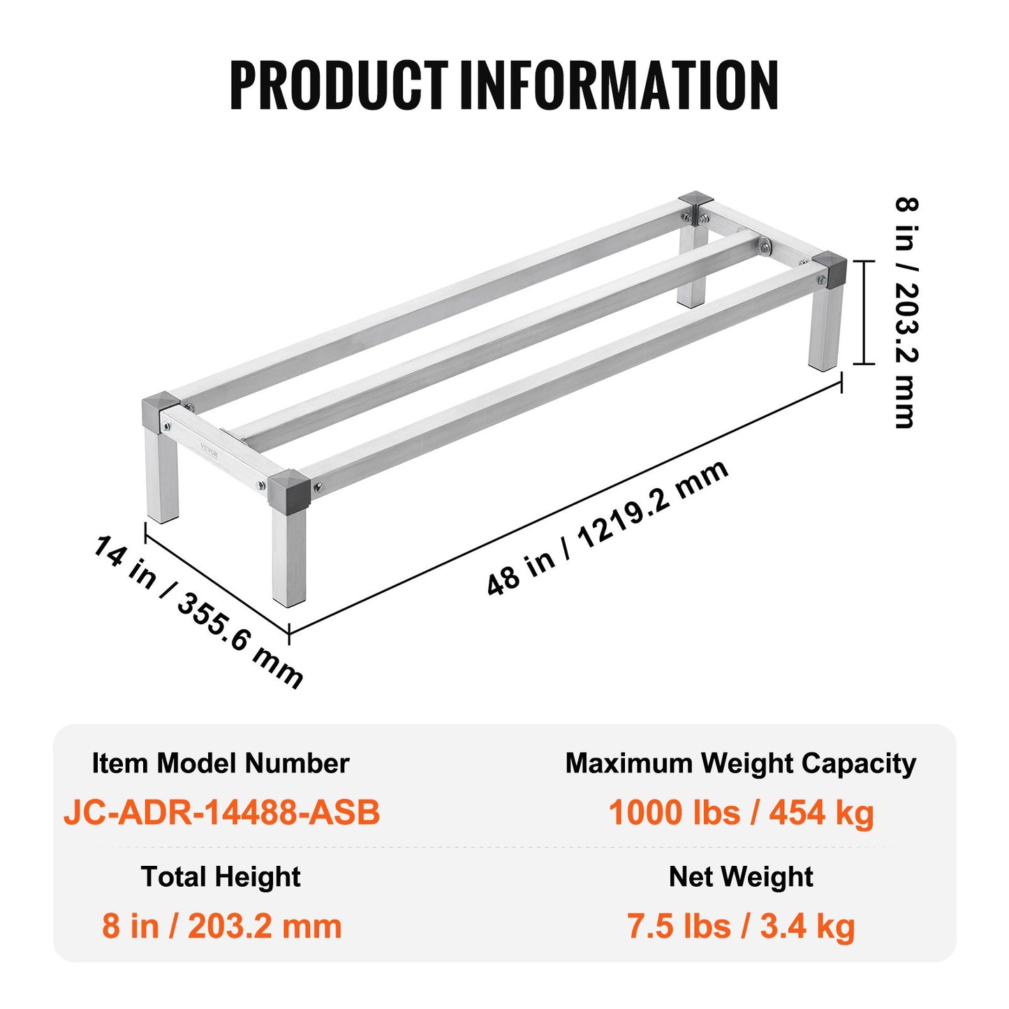 Aluminum Dunnage Rack, 48” x 14” Commercial Food Floor Rack, 8” Off the Floor, 1000 lbs Capacity All-Welded Aluminum Storage Rack, for Storage in Restaurants, Kitchens, Garages and Vehicles