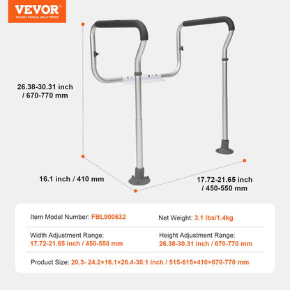 Toalettstång, toalettsitsram, justerbar bredd och höjd, passar de flesta toaletter, stöder 136 kg, toaletthandtag med vadderade armstöd för handikappade, funktionshindrade, seniorer