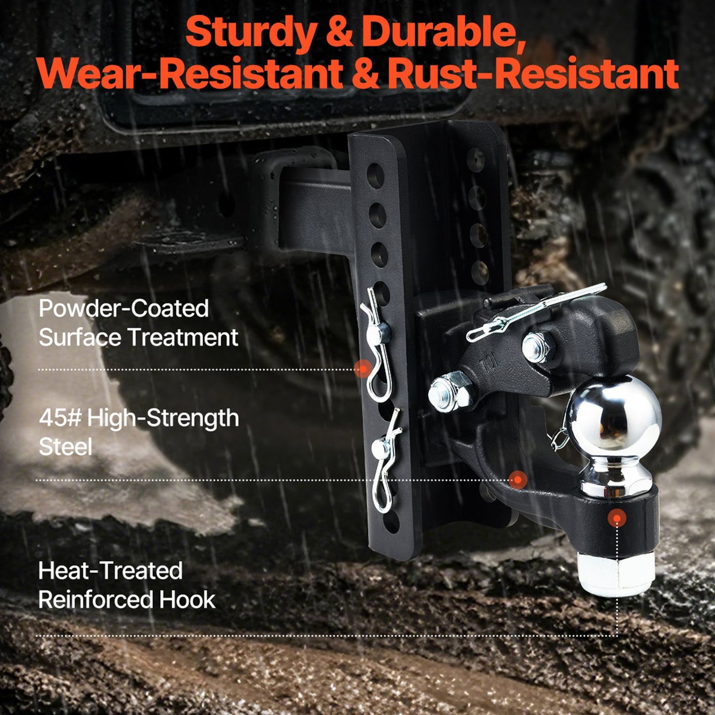 Adjustable Pintle Hook, 20000 lbs, Pintle Hook Hitch for 2-inch Hitch Hook Military Receiver, Combination 2-5/16-inch Hitch Ball, Fit 2.5 to 3-inch Lunette Ring, 6-inch Drop, Black Powder Coat