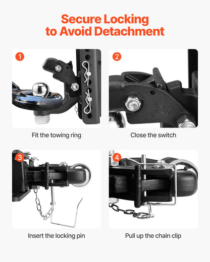 Adjustable Pintle Hook, 20000 lbs, Pintle Hook Hitch for 2-inch Hitch Hook Military Receiver, Combination 2-5/16-inch Hitch Ball, Fit 2.5 to 3-inch Lunette Ring, 6-inch Drop, Black Powder Coat