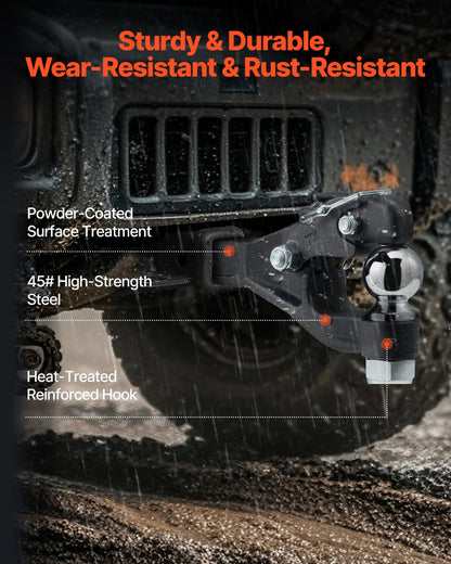 Krok med dragkrok, 9000 kg, Krok med dragkrok för 2-tums dragkrok, militär mottagare, kombination av 2-5/16-tums dragkula, passar 2,5 till 3-tums lunettring, 15,6-tums längd, svart pulverlackering