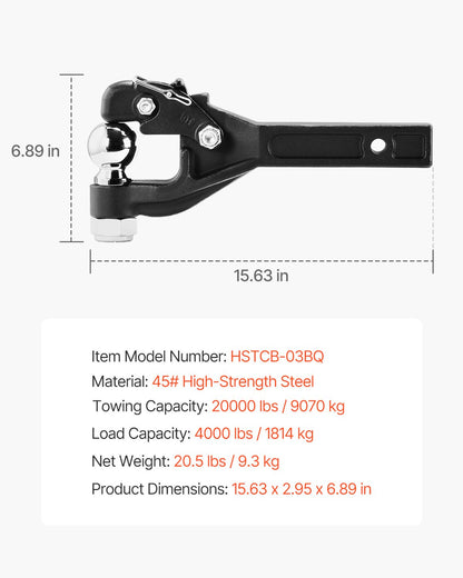 Krok med dragkrok, 9000 kg, Krok med dragkrok för 2-tums dragkrok, militär mottagare, kombination av 2-5/16-tums dragkula, passar 2,5 till 3-tums lunettring, 15,6-tums längd, svart pulverlackering