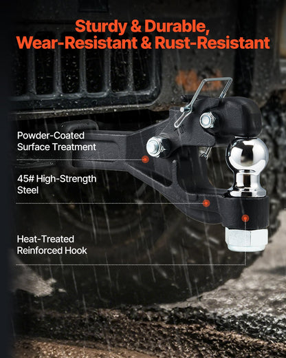 Pintle Hook, 16000 lbs Towing Capacity, Pintle Hook Hitch for 2-inch Hitch Hook Military Receiver, Combination 2-inch Hitch Ball, Fits 2.5 to 3-inch Lunette Ring, Black Powder Coat, for Trailers