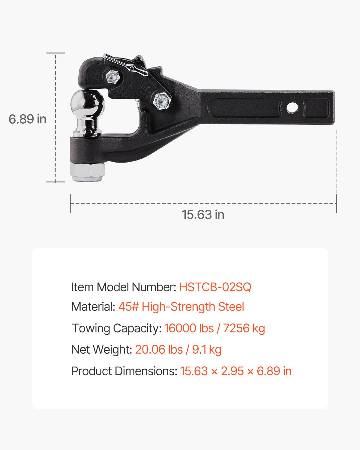 Pintle Hook, 16000 lbs Towing Capacity, Pintle Hook Hitch for 2-inch Hitch Hook Military Receiver, Combination 2-inch Hitch Ball, Fits 2.5 to 3-inch Lunette Ring, Black Powder Coat, for Trailers
