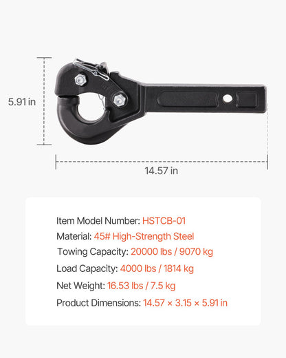 Dragkrok, 9000 kg dragkapacitet, Dragkroksfäste för 5 cm dragkrok, militär fäste, passar 6,5 till 7,5 cm lunettring, 43 cm längd, svart pulverlackering, för olika släpvagnar
