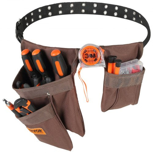 Tool Belt, 13 Pockets, Adjusts from 29 Inches to 54 Inches, Polyester Heavy Duty Tool Pouch Bag, Detachable Tool Bag for Electrician, Carpenter, Handyman, Woodworker, Construction, Framer, Brown