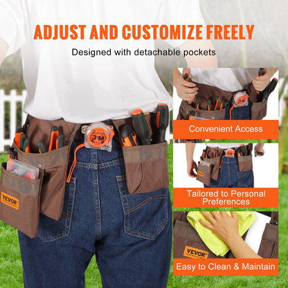 Tool Belt, 13 Pockets, Adjusts from 29 Inches to 54 Inches, Polyester Heavy Duty Tool Pouch Bag, Detachable Tool Bag for Electrician, Carpenter, Handyman, Woodworker, Construction, Framer, Brown
