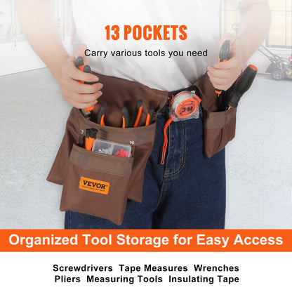 Tool Belt, 13 Pockets, Adjusts from 29 Inches to 54 Inches, Polyester Heavy Duty Tool Pouch Bag, Detachable Tool Bag for Electrician, Carpenter, Handyman, Woodworker, Construction, Framer, Brown