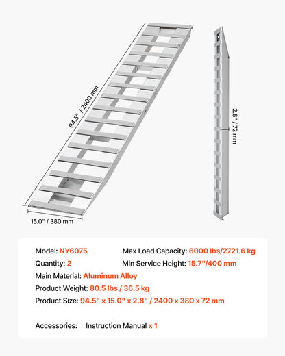 Loading Ramps, 2 Pcs 2400 x 380 mm, Durable Aluminum and Heavy-Duty Trailer Ramp Set with Anti-Slip Plates, 2721.6 kg Combined Capacity, for Carts, Farm Tractors, ATVs, Lawn Mowers, Motorcycles