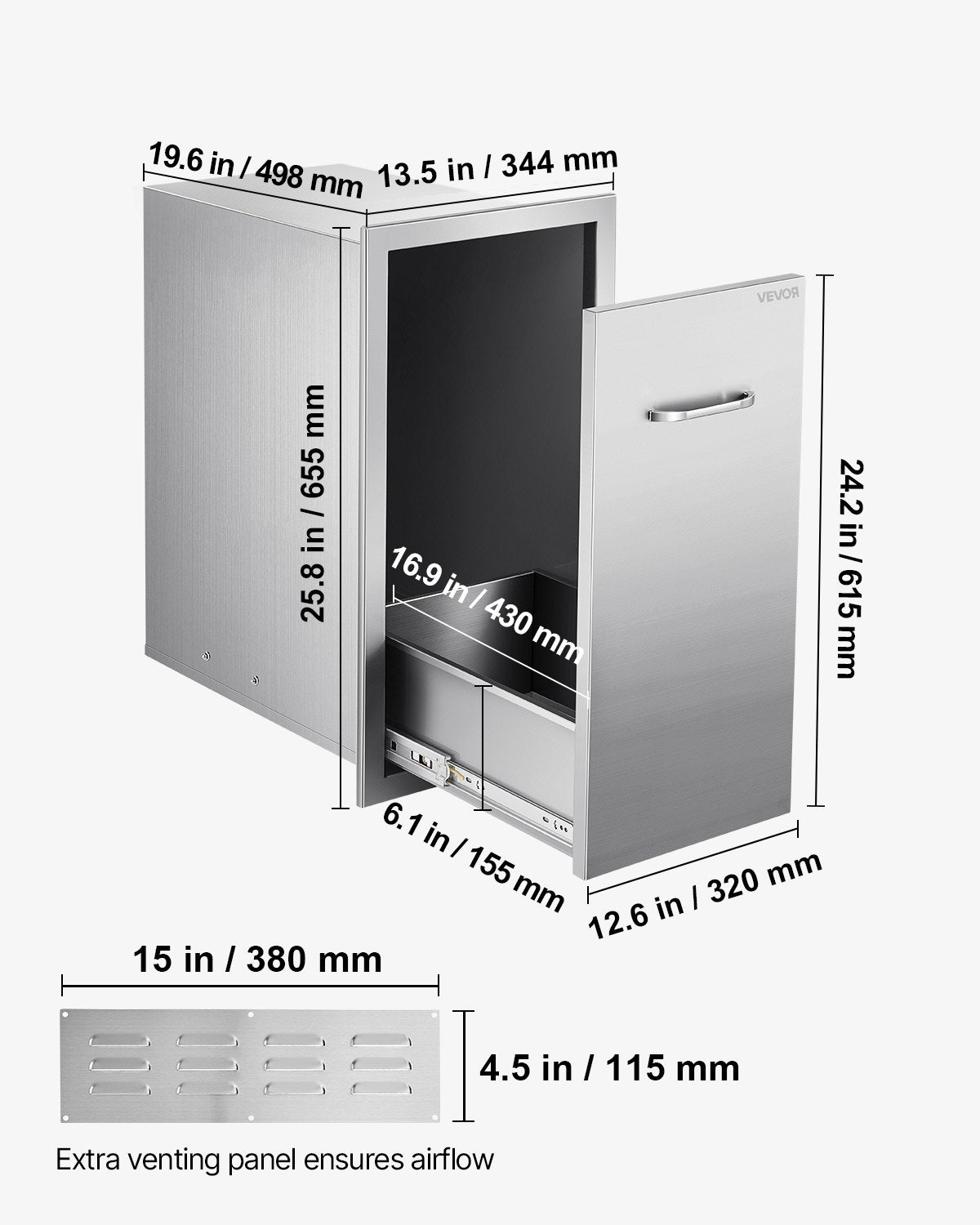 Soplåda för utomhuskök, 33,5 cm B x 49,6 cm D x 61,8 cm H Invändig förvaring, mångsidiga utekökslådor i rostfritt stål, maxkapacitet per våning, 22,5 kg, för utomhuskök med grillö