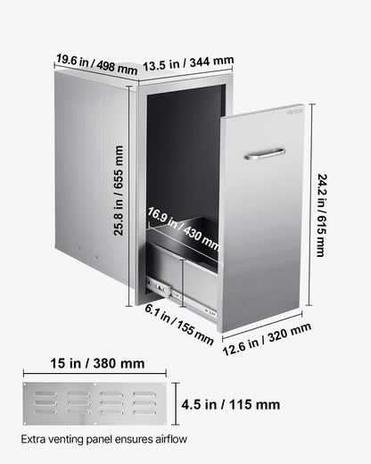 Soplåda för utomhuskök, 33,5 cm B x 49,6 cm D x 61,8 cm H Invändig förvaring, mångsidiga utekökslådor i rostfritt stål, maxkapacitet per våning, 22,5 kg, för utomhuskök med grillö
