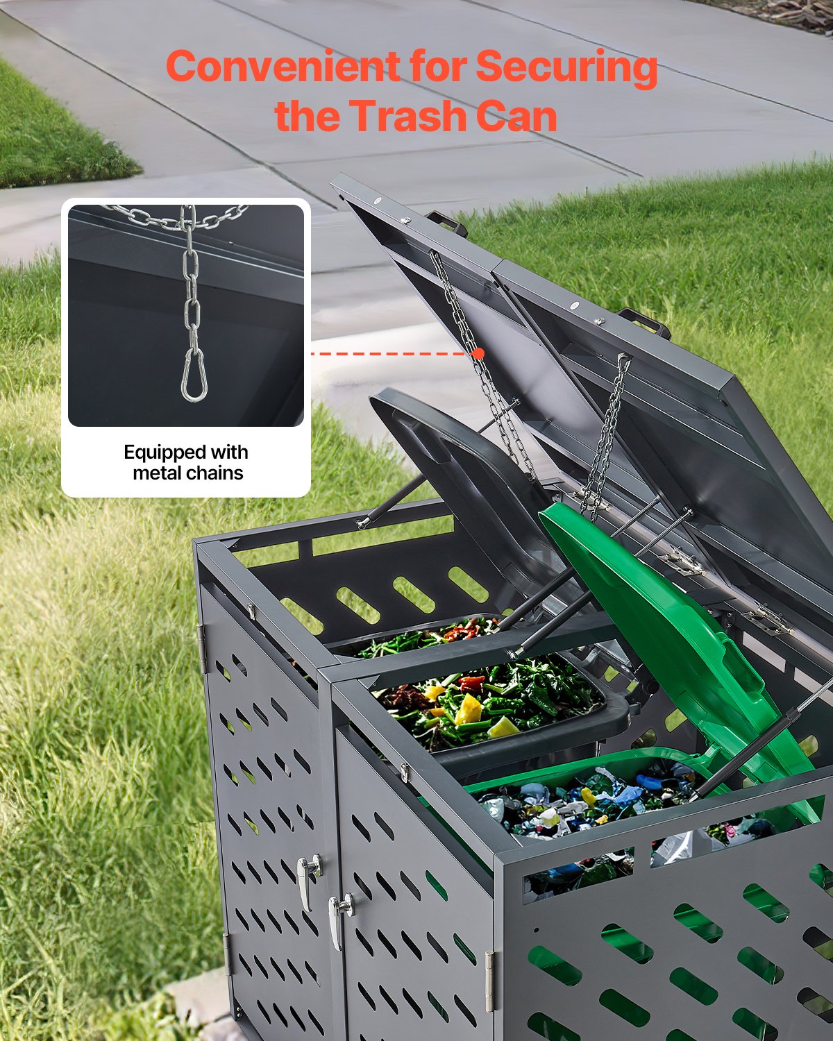 Trash Can Storage, 2 x 52.79 Gal Trash Bin Storage Shed Outdoor, Horizontal Waterproof Storage Cabinet with Chain Lid, Lockable Garbage Can Storage Shed, for Trash Can, Garden, Backyard & Patio