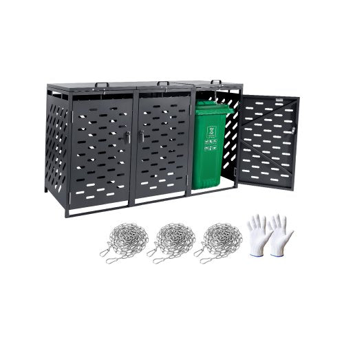 Trash Can Storage, 3 x 52.79 Gal Trash Bin Storage Shed Outdoor, Horizontal Waterproof Storage Cabinet with Chain Lid, Lockable Garbage Can Storage Shed, for Trash Can, Garden, Backyard & Patio