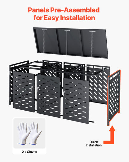 Trash Can Storage, 3 x 52.79 Gal Trash Bin Storage Shed Outdoor, Horizontal Waterproof Storage Cabinet with Chain Lid, Lockable Garbage Can Storage Shed, for Trash Can, Garden, Backyard & Patio