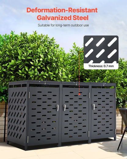 Trash Can Storage, 3 x 52.79 Gal Trash Bin Storage Shed Outdoor, Horizontal Waterproof Storage Cabinet with Chain Lid, Lockable Garbage Can Storage Shed, for Trash Can, Garden, Backyard & Patio