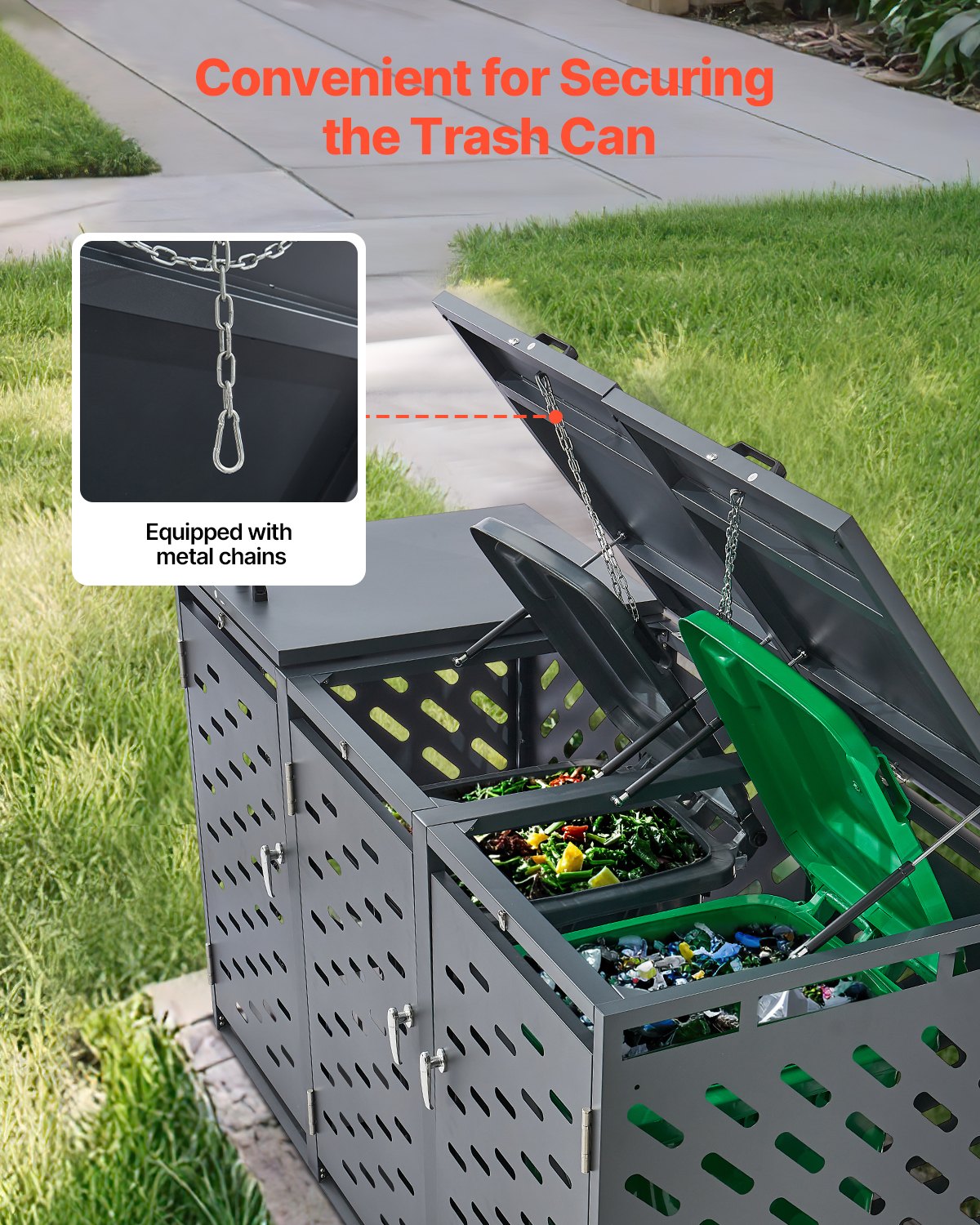 Trash Can Storage, 3 x 52.79 Gal Trash Bin Storage Shed Outdoor, Horizontal Waterproof Storage Cabinet with Chain Lid, Lockable Garbage Can Storage Shed, for Trash Can, Garden, Backyard & Patio