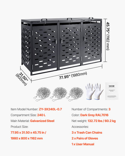 Trash Can Storage, 3 x 52.79 Gal Trash Bin Storage Shed Outdoor, Horizontal Waterproof Storage Cabinet with Chain Lid, Lockable Garbage Can Storage Shed, for Trash Can, Garden, Backyard & Patio