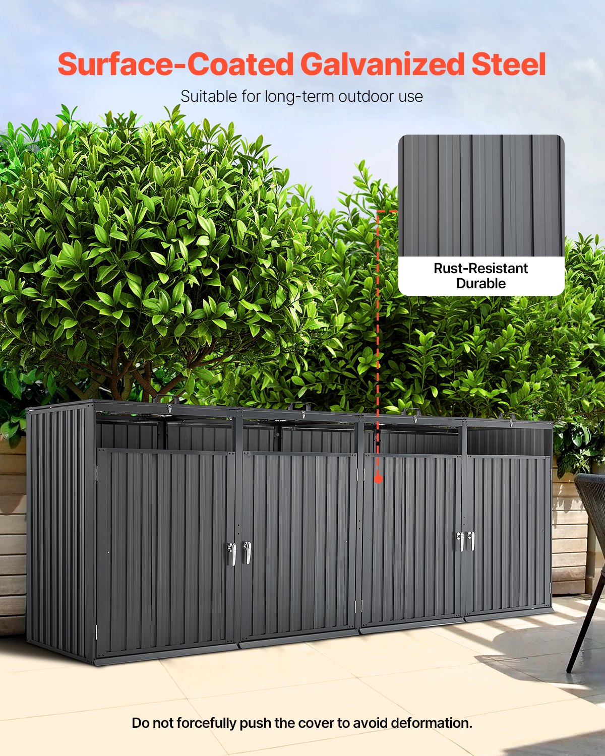 Sopkärlsförvaring, 4 x 52,79 gallon soptunneförvaring utomhus, galvaniserat stål horisontellt förvaringsskåp vattentätt, låsbart soptunneförvaringsskåp, för trädgård, bakgård och uteplats