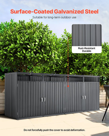 Sopkärlsförvaring, 4 x 52,79 gallon soptunneförvaring utomhus, galvaniserat stål horisontellt förvaringsskåp vattentätt, låsbart soptunneförvaringsskåp, för trädgård, bakgård och uteplats
