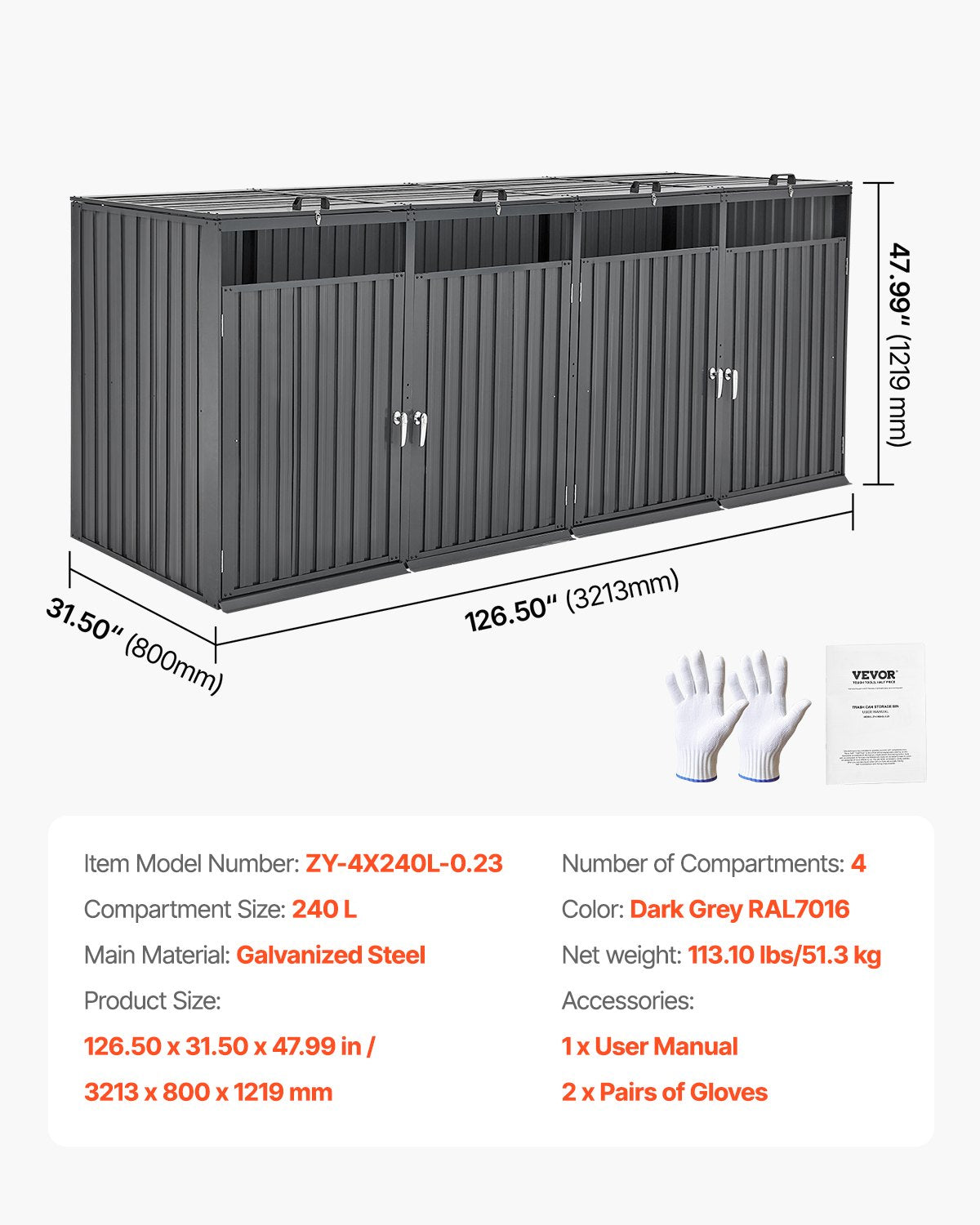 Sopkärlsförvaring, 4 x 52,79 gallon soptunneförvaring utomhus, galvaniserat stål horisontellt förvaringsskåp vattentätt, låsbart soptunneförvaringsskåp, för trädgård, bakgård och uteplats
