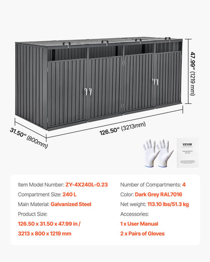 Sopkärlsförvaring, 4 x 52,79 gallon soptunneförvaring utomhus, galvaniserat stål horisontellt förvaringsskåp vattentätt, låsbart soptunneförvaringsskåp, för trädgård, bakgård och uteplats