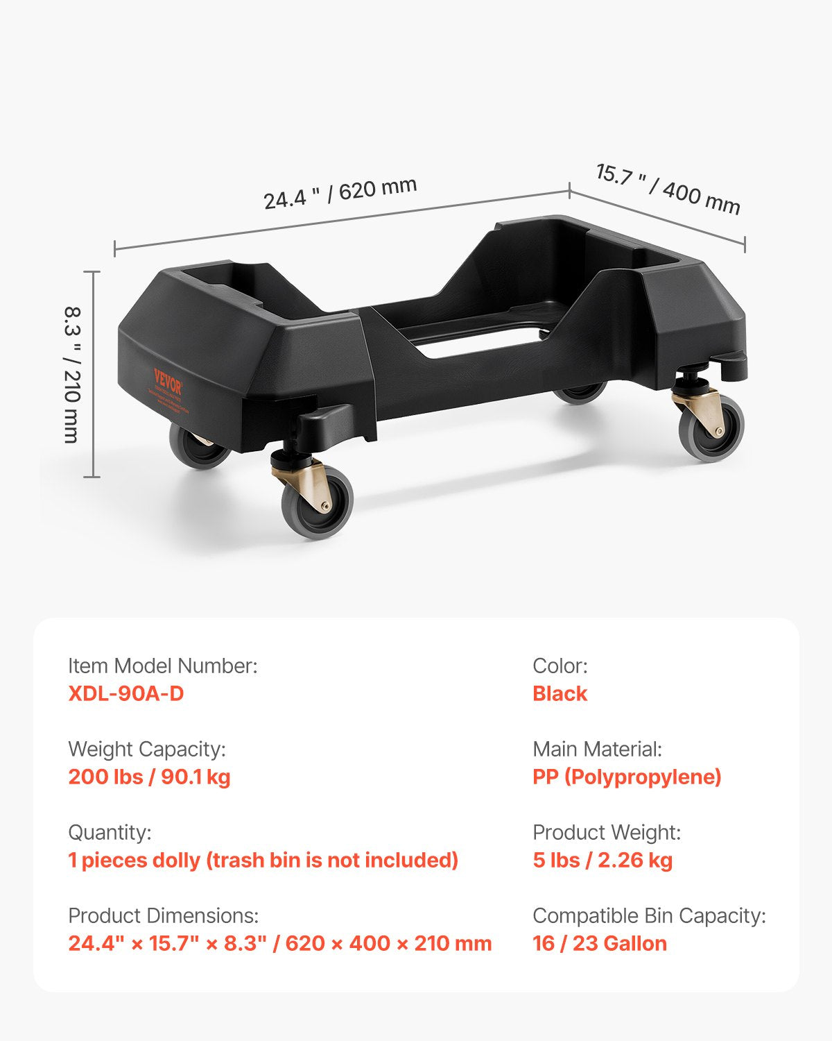 Trash Can Dolly, Fit 16/23 Gallon Containers, Slim Trash Can Roller Base with 4 Lockable Wheels, 200lbs Weight Capacity, Heavy Duty Barrel Dolly, Smooth & Quiet Rolling Plastic Bin Dolly