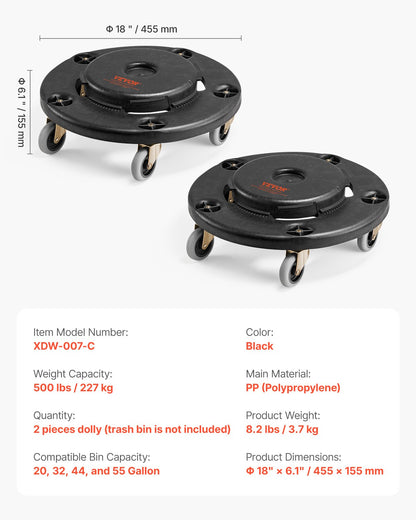 Trash Can Dolly, Fit 20, 32, 44, 55 Gallon Containers, 2 Packs Round Trash Can Roller Base with 4 Lockable Wheels, 500lbs Heavy Duty Barrel Dolly, Multi-Functional Rolling Dolly Cart