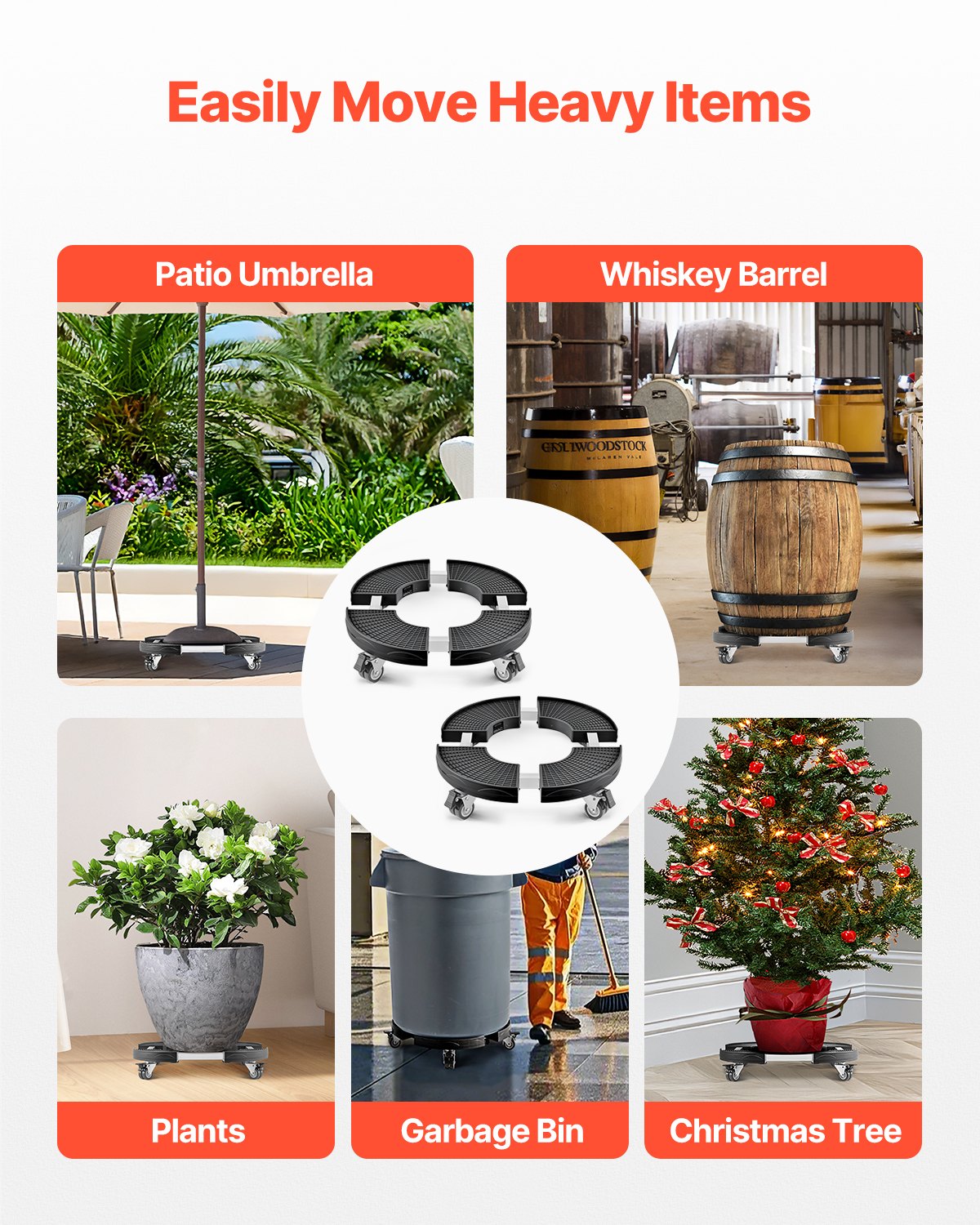 Papperskorg med 4 låsbara hjul, 180 kg viktkapacitet, 2-pack rund papperskorg med rullbas, 35-51 cm justerbar, kraftig växtvagn, multifunktionell rullvagn, svart