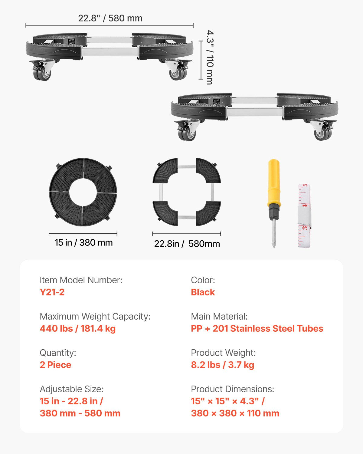 Papperskorg med 4 låsbara hjul, 180 kg viktkapacitet, 2-pack rund papperskorg med rullbas, 35-51 cm justerbar, kraftig växtvagn, multifunktionell rullvagn, svart