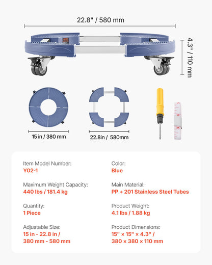 Trash Can Dolly with 4 Lockable Wheels, 440lbs Weight Capacity, Round Trash Can Roller Base, 15-22.8 in Adjustable, Heavy Duty Drum Dolly Plant Caddy, Multi-Functional Rolling Dolly Cart, Blue