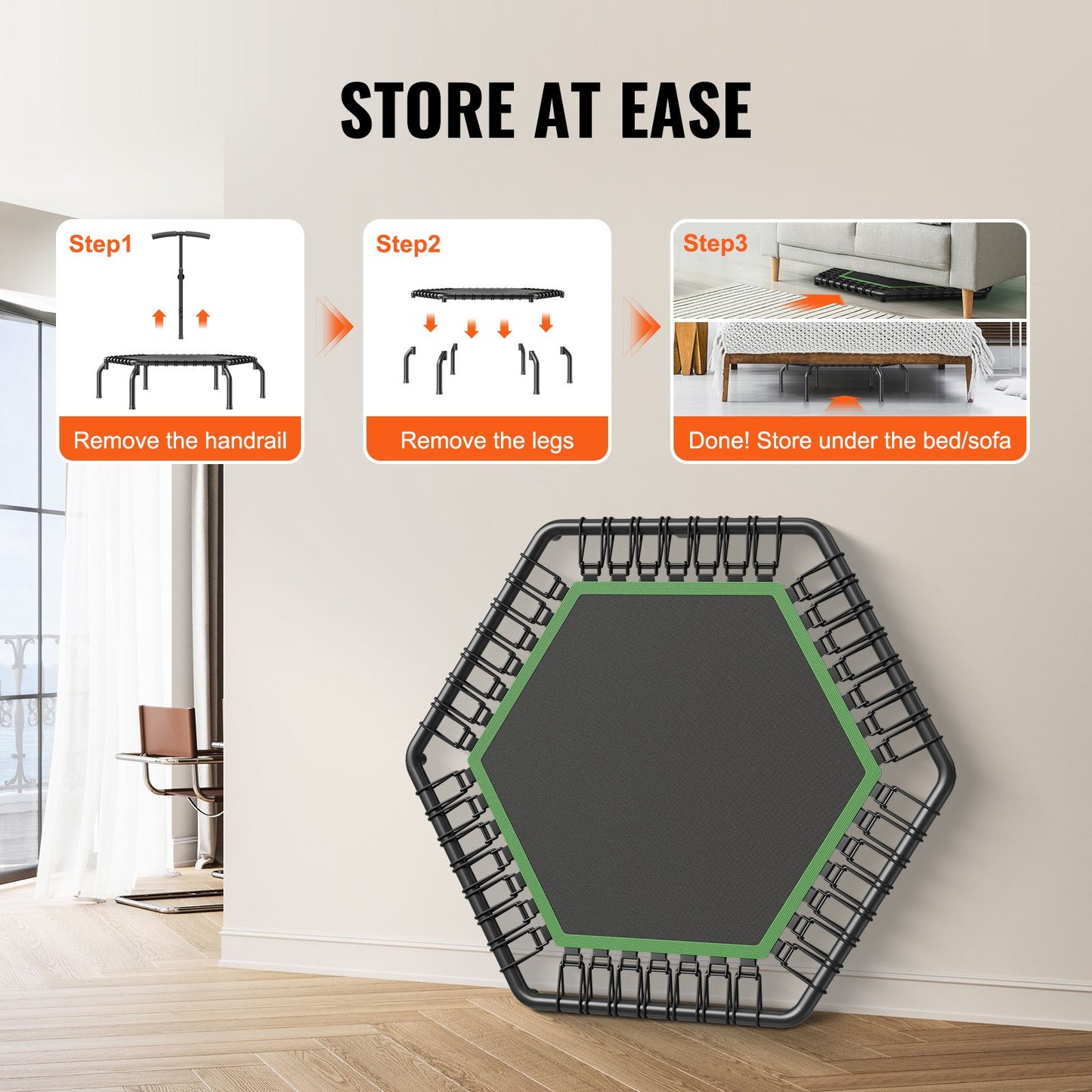Minitrampolin, 54,5 tums fitnessrebounder, maxbelastning 450 lbs träningstrampolin, stabil och tyst liten trampolin med 3 nivåer höjdjusterbart skumhandtag, för vuxna inomhus-/trädgårdsträning