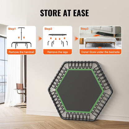 Minitrampolin, 54,5 tums fitnessrebounder, maxbelastning 450 lbs träningstrampolin, stabil och tyst liten trampolin med 3 nivåer höjdjusterbart skumhandtag, för vuxna inomhus-/trädgårdsträning