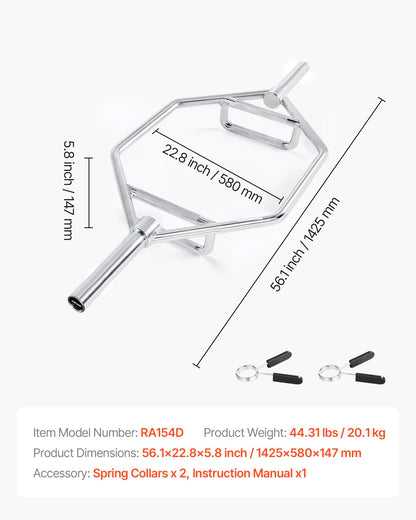 Trap Bar Hex Bar, 50mm Hex Barbell, 360 kg Capacity Shrug Bars with Knurled Grips, Weightlifting and Strength Training Equipment, Home Gym for Squats, Deadlifts, Shoulder Presses, Silver