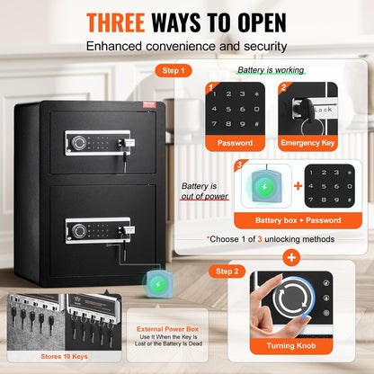Double Doors 3.5 cu.ft Safe Box with Key Lock & Password, Safe Lock Box with Fireproof Bag, Key Rack, LED Light and 2 Height Adjustable and Removable Divider for Money, Documents, Jewelry and Valuables, Black