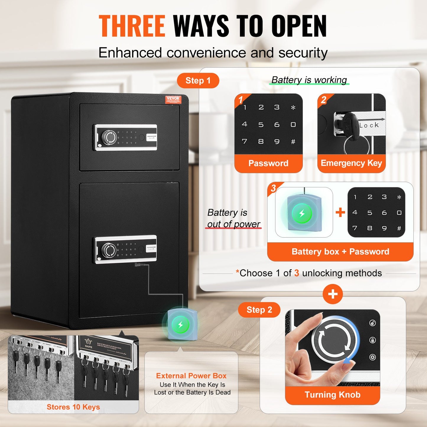 Dubbeldörrars 1,2 kubikfot kassaskåp med nyckellås och lösenord, kassaskåp med brandsäker väska, nyckelhylla, LED-lampa och 2 höjdjusterbara och avtagbara avdelare för pengar, dokument, smycken och värdesaker, svart