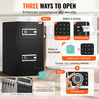 Double Doors 4.5 cu.ft Safe Box with Key Lock & Password, Safe Lock Box with Fireproof Bag, Key Rack, LED Light and 2 Height Adjustable and Removable Divider for Money, Documents, Jewelry and Valuables, Black