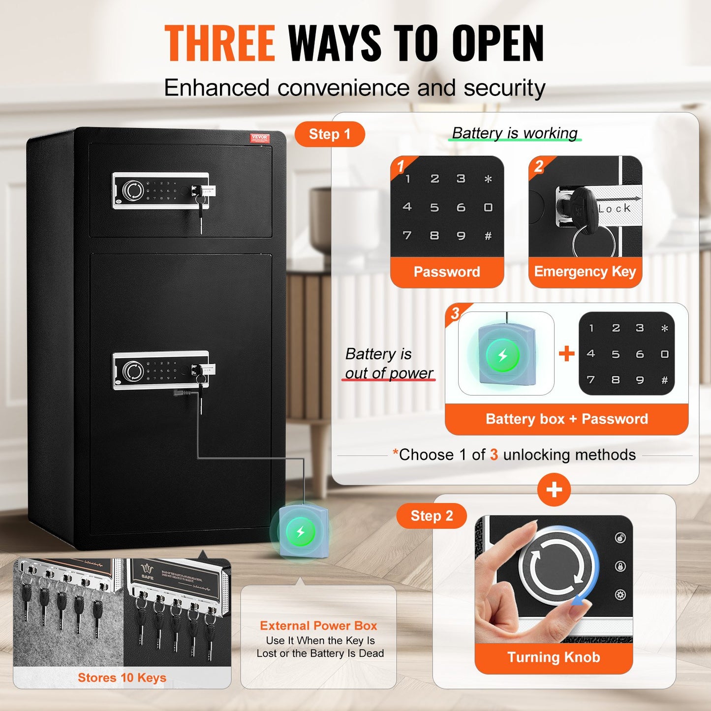 Double Doors 204 L Safe Box with Key Lock & Password, Safe Lock Box with Fireproof Bag, Key Rack, LED Light and 2 Height Adjustable and Removable Divider for Money, Documents, Jewelry and Valuables, Black