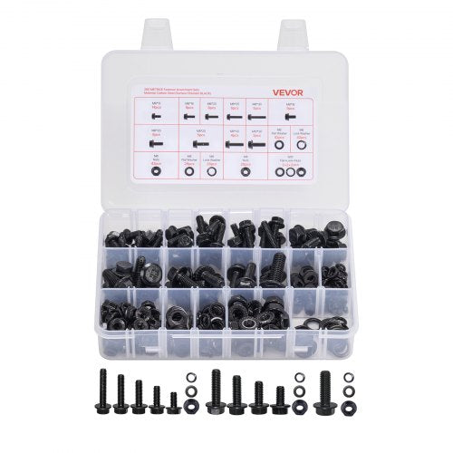 280 Pcs Bolts and Nuts Assortment Kit, Metric Machine Screws and Flat Washers, Alloy Steel M6/M8/M10 Multiple Size, for Furniture / Equipment Assembly, Vehicle Grade 10.9 Black, with Case