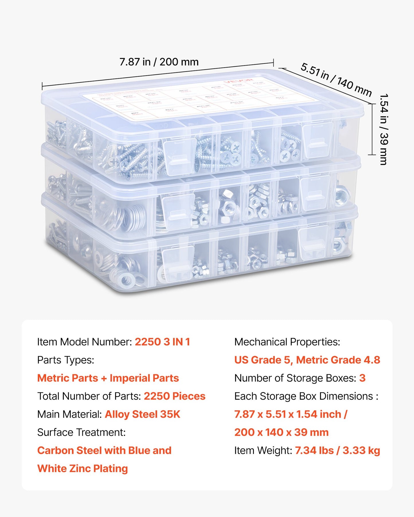 2250 st. bultar och muttrar, sortimentskit, metriska + tummått maskinskruvar och plana brickor, legerat stål M3/M4/M5/M6/M8 flera storlekar, för utrustning/fordonsmontering, galvaniserad vit