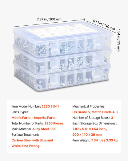2250 st. bultar och muttrar, sortimentskit, metriska + tummått maskinskruvar och plana brickor, legerat stål M3/M4/M5/M6/M8 flera storlekar, för utrustning/fordonsmontering, galvaniserad vit