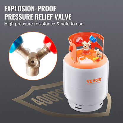 Köldmediespåfyllningstank, 50 LBS kapacitet, 400 psi bärbar cylindertank med Y-ventil för vätska/ånga, tätande påfyllningsbehållare för R22/R134A/R410A, orange+grå